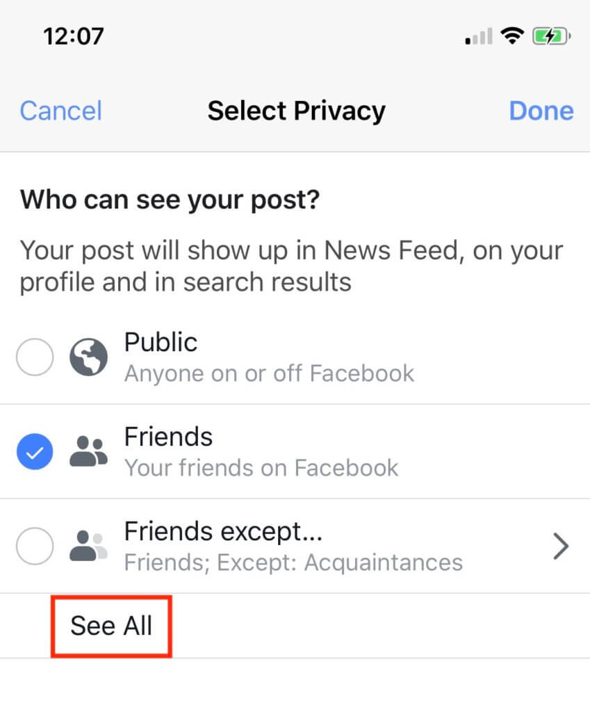 Facebook privacy setting for post