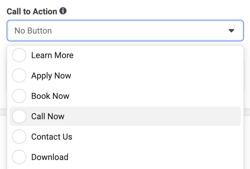 Facebook call now button from call to action options 